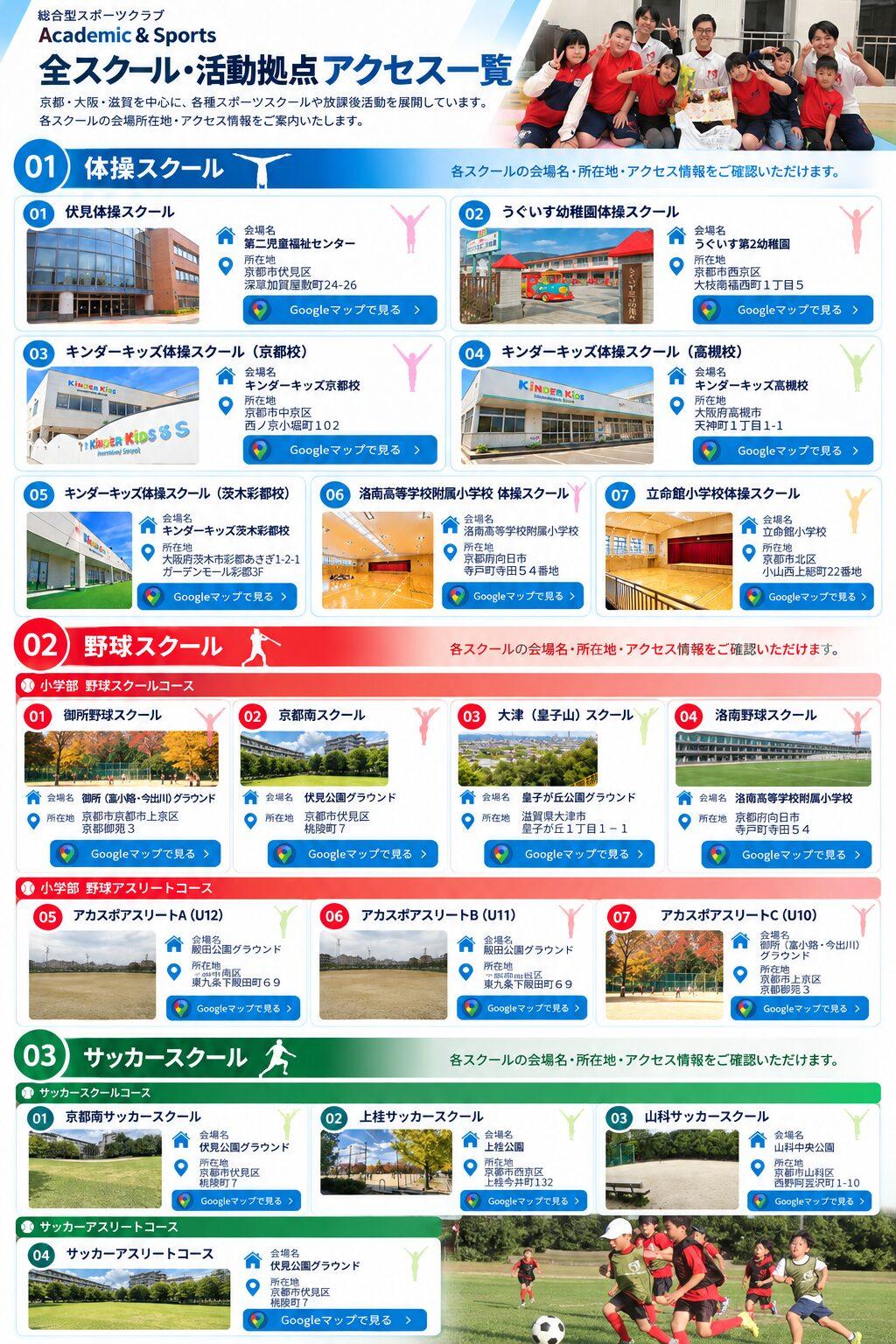 Academic & Sports 全スクール・活動拠点アクセス一覧